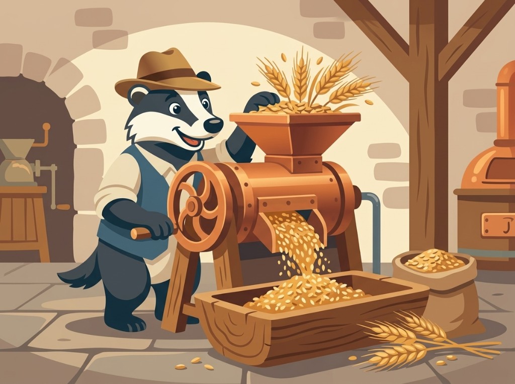 Illustration zur Krefelder Biertradition: der Wienges-Dachs schrotet Braumalz.