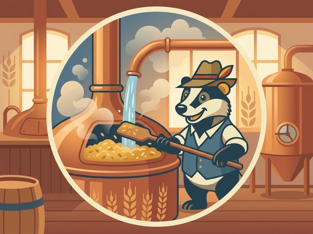 Illustration zur Krefelder Biertradition: der Wienges-Dachs beim Maischen.