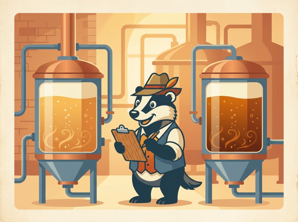 Illustration zur Krefelder Biertradition: der Braumeister-Dachs prüft die Gärung.