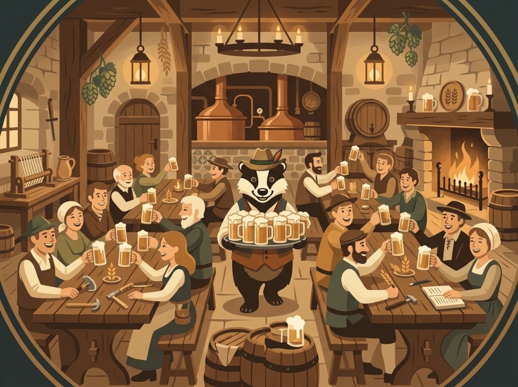Illustration zur Krefelder Biertradition: der Wienges-Dachs in einer traditionellen Krefelder Schankstube.
