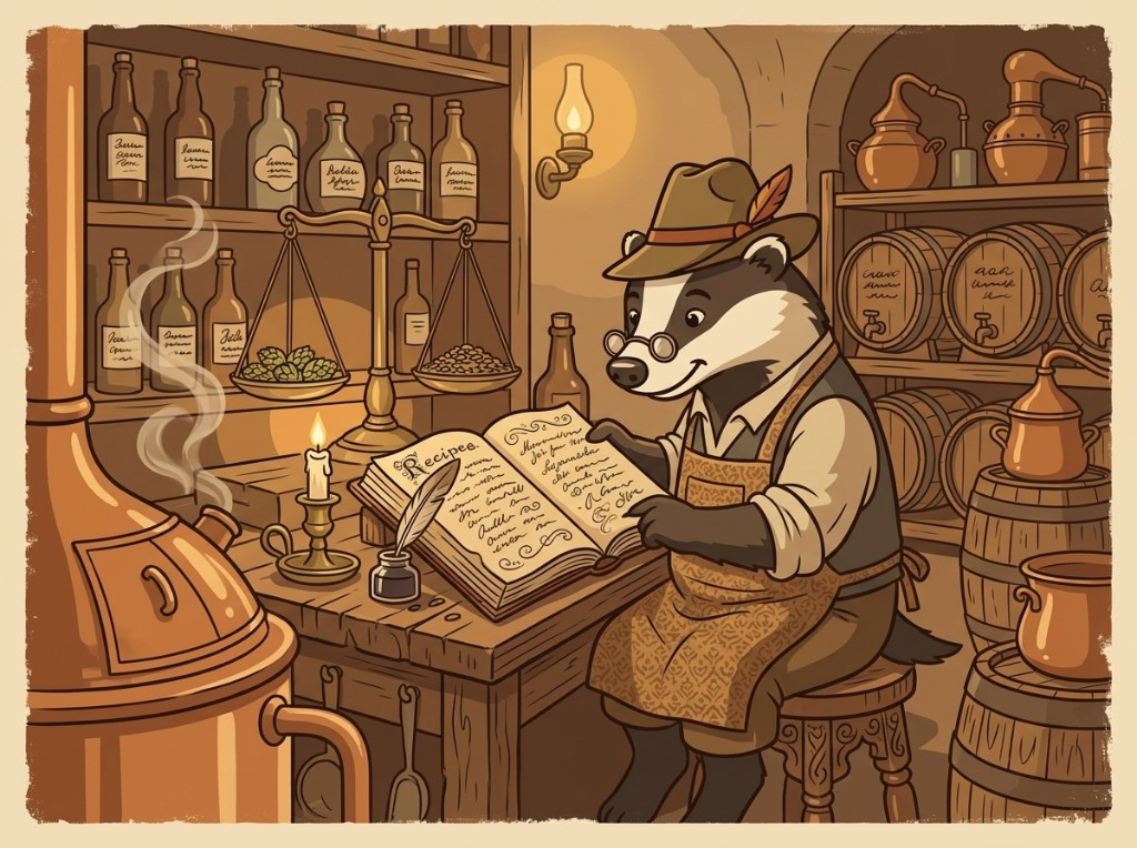 Illustration zur Krefelder Biertradition: der Braumeister-Dachs in der alten Braustube.
