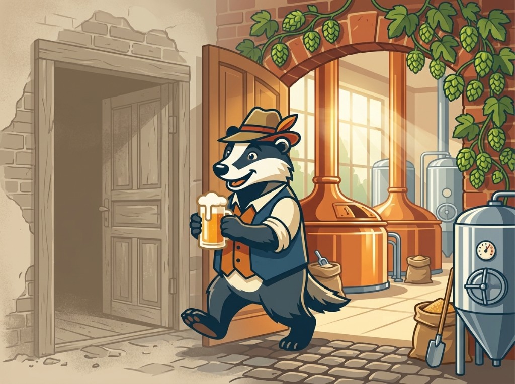 Illustration zur Krefelder Biertradition: der Wienges-Dachs vor der Krefelder Brauerei.