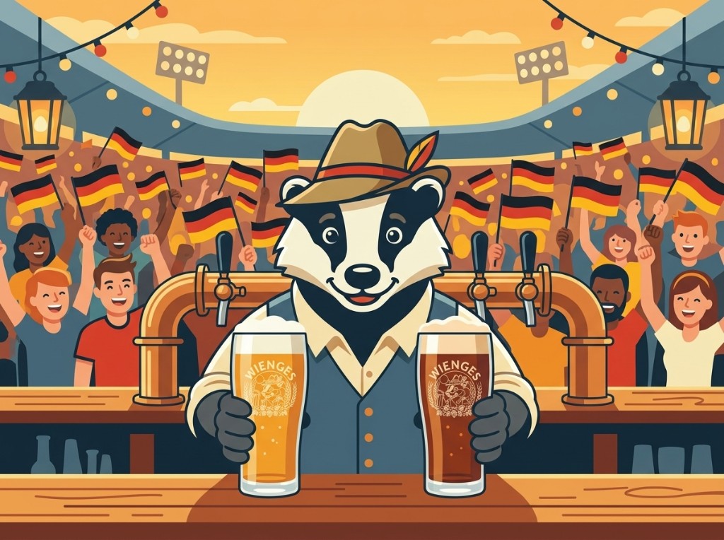 Illustration zur Krefelder Biertradition: der Wienges-Dachs mit Wienges Blond und Wienges Brünett auf einem Krefelder Fest.