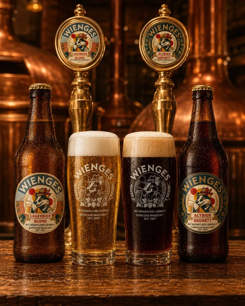 Wienges Biere, Flaschen und Gläser an der Zapfanlage